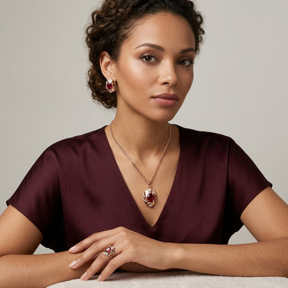 Schmuckset Schwarzer Zirkon Vintage Roségold – Kette, Ohrringe & Ring