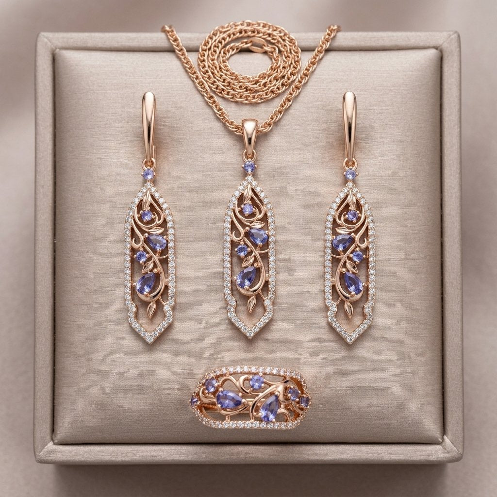Schmuckset Lila Blume Zirkon Ring Ohrringe Halskette 585 Roségold