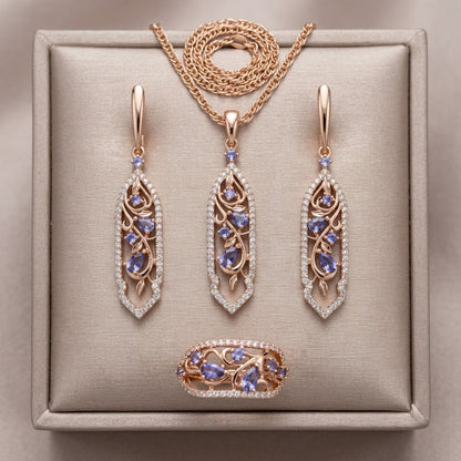 Schmuckset Lila Blume Zirkon Ring Ohrringe Halskette 585 Roségold