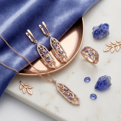 Schmuckset Lila Blume Zirkon Ring Ohrringe Halskette 585 Roségold