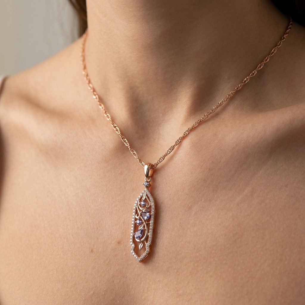 Schmuckset Lila Blume Zirkon Ring Ohrringe Halskette 585 Roségold