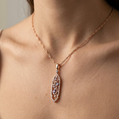 Schmuckset Lila Blume Zirkon Ring Ohrringe Halskette 585 Roségold