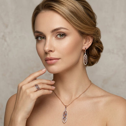 Schmuckset Lila Blume Zirkon Ring Ohrringe Halskette 585 Roségold