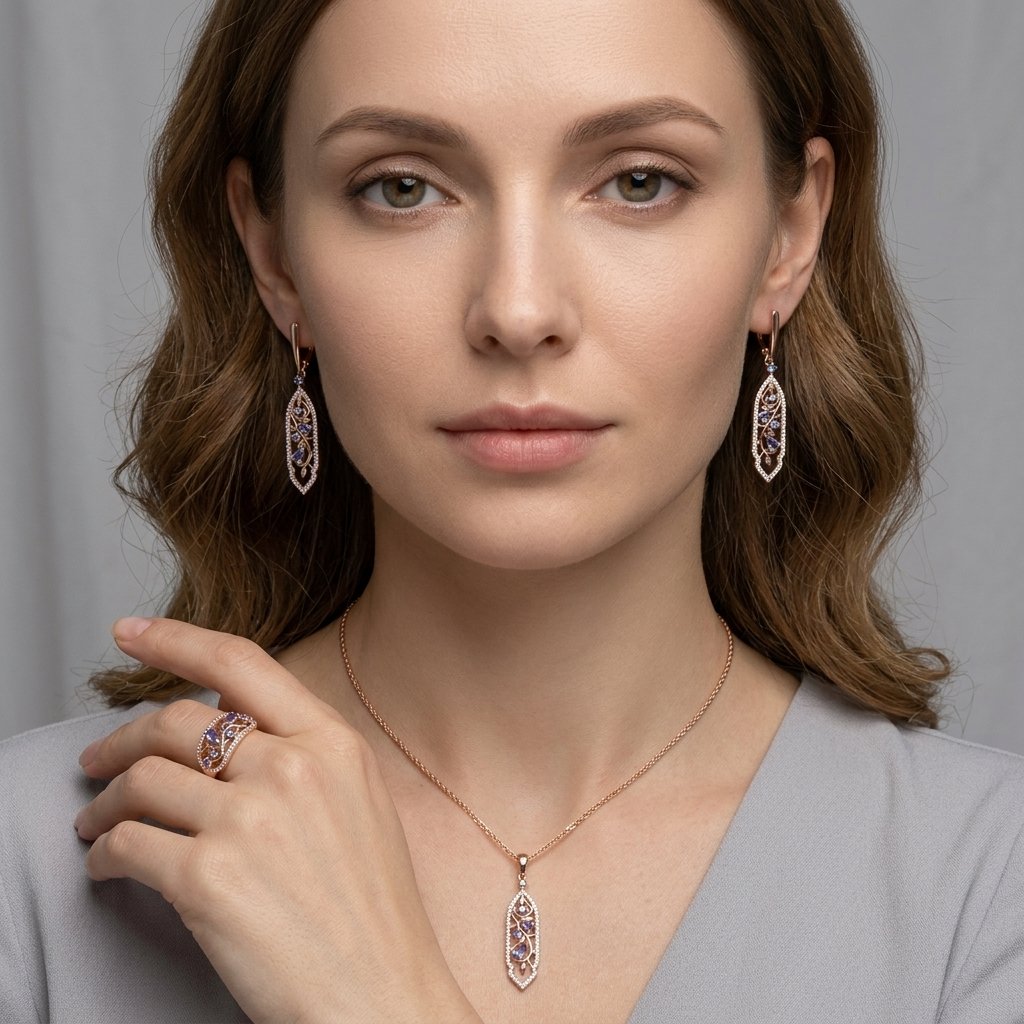 Schmuckset Lila Blume Zirkon Ring Ohrringe Halskette 585 Roségold