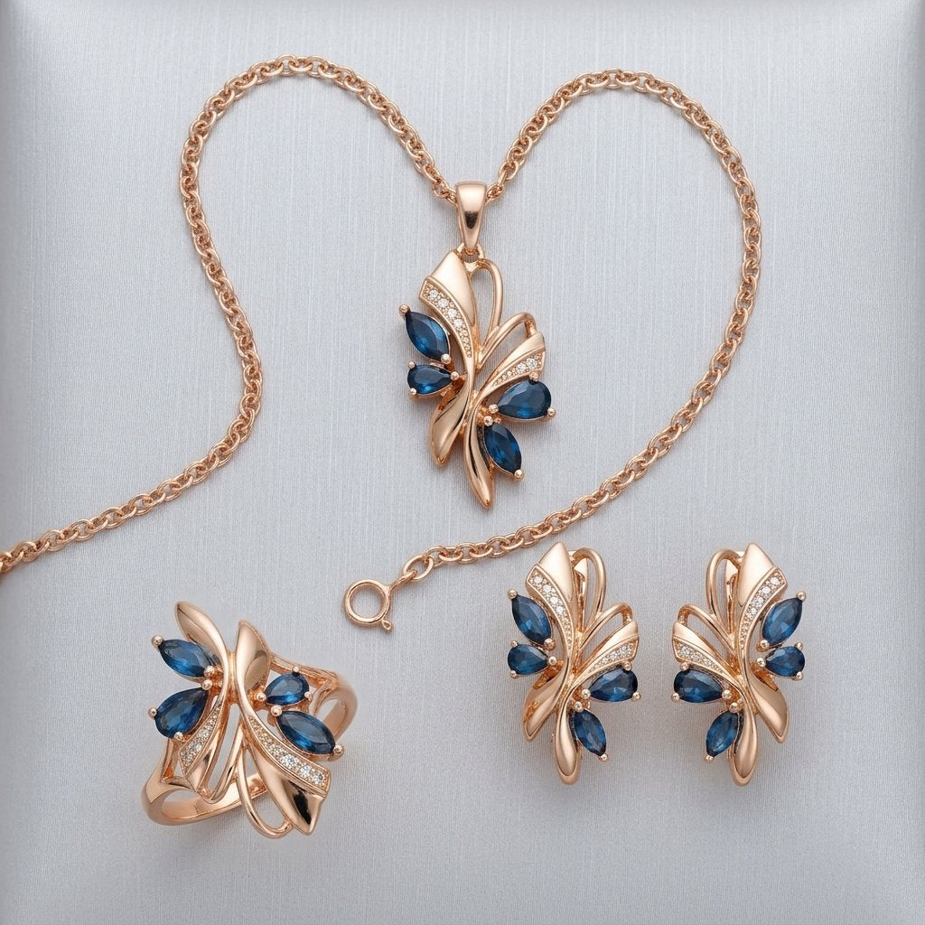 Schmuckset Blau Schmetterling Zirkon Ring Ohrringe Halskette 585 Roségold