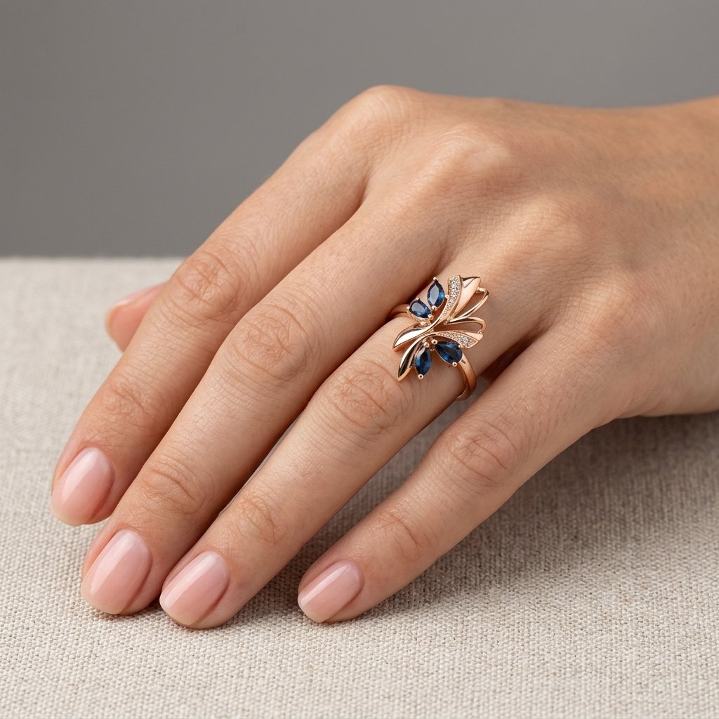 Schmuckset Blau Schmetterling Zirkon Ring Ohrringe Halskette 585 Roségold