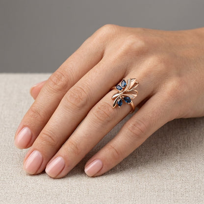 Schmuckset Blau Schmetterling Zirkon Ring Ohrringe Halskette 585 Roségold