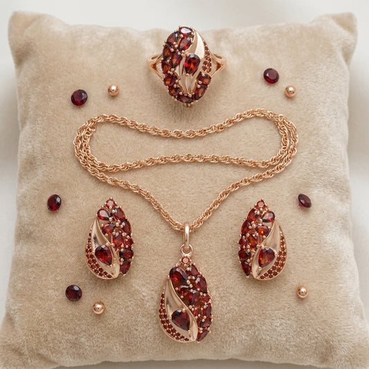 Vintage-Schmuckset in Roségold mit rotem Zirkon – Halskette, Ohrringe und Ring