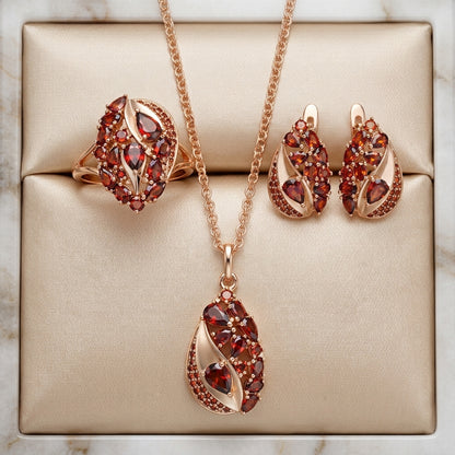 Schmuckset Roter Zirkon Vintage Roségold – Kette, Ohrringe & Ring