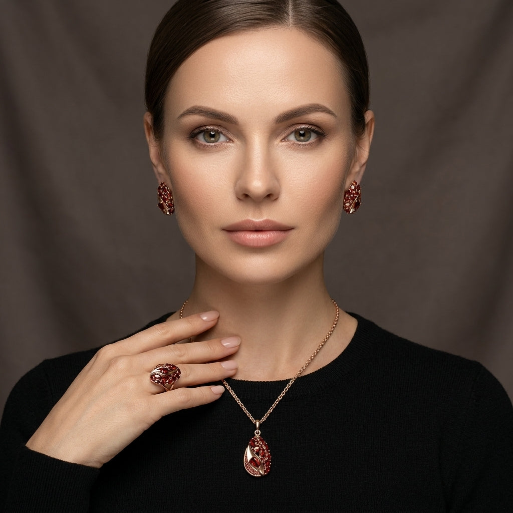 Schmuckset Roter Zirkon Vintage Roségold – Kette, Ohrringe & Ring
