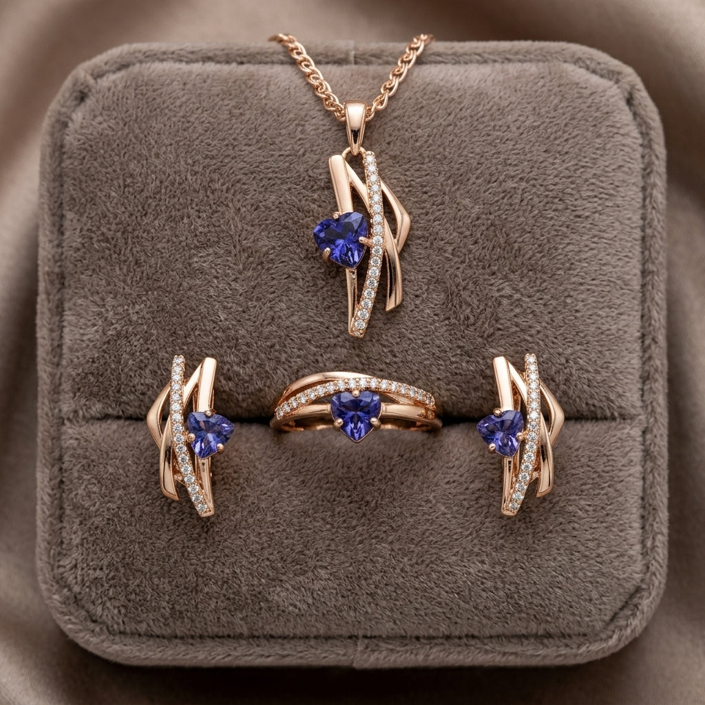 Hochzeitsschmuckset in Roségold mit lila Zirkon – Halskette, Ohrringe und Ring
