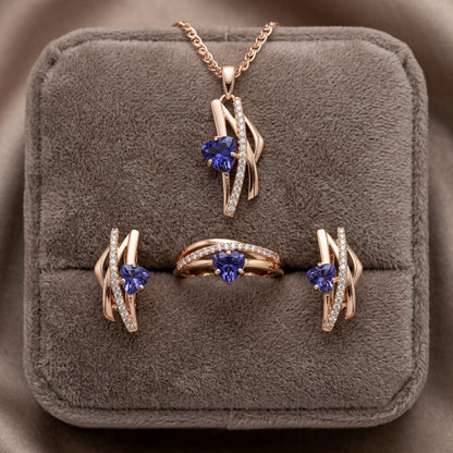 Hochzeitsschmuckset in Roségold mit lila Zirkon – Halskette, Ohrringe und Ring