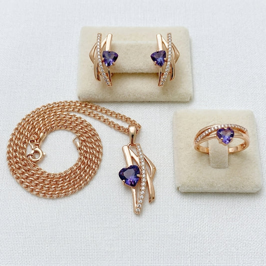 Parure Zircon Violet Mariage Or Rose – Collier, Boucles d'Oreilles & Bague