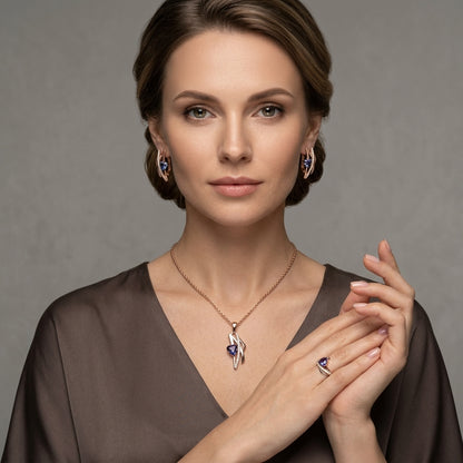 Schmuckset Lila Zirkon Hochzeit Roségold – Kette, Ohrringe & Ring