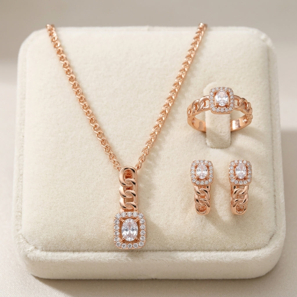Schmuckset in Roségold mit weißem Zirkon im Quadratschliff – Halskette, Ohrringe und Ring
