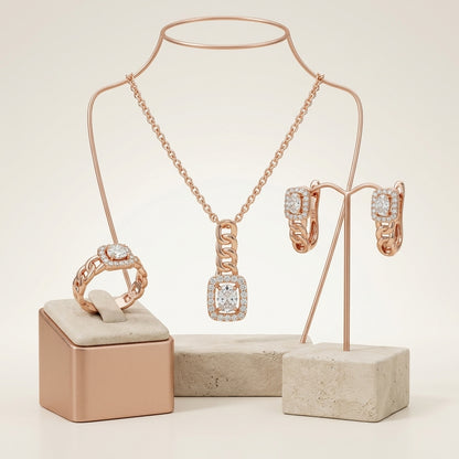 Schmuckset Weißer Zirkon Quadrat Roségold – Kette, Ohrringe & Ring