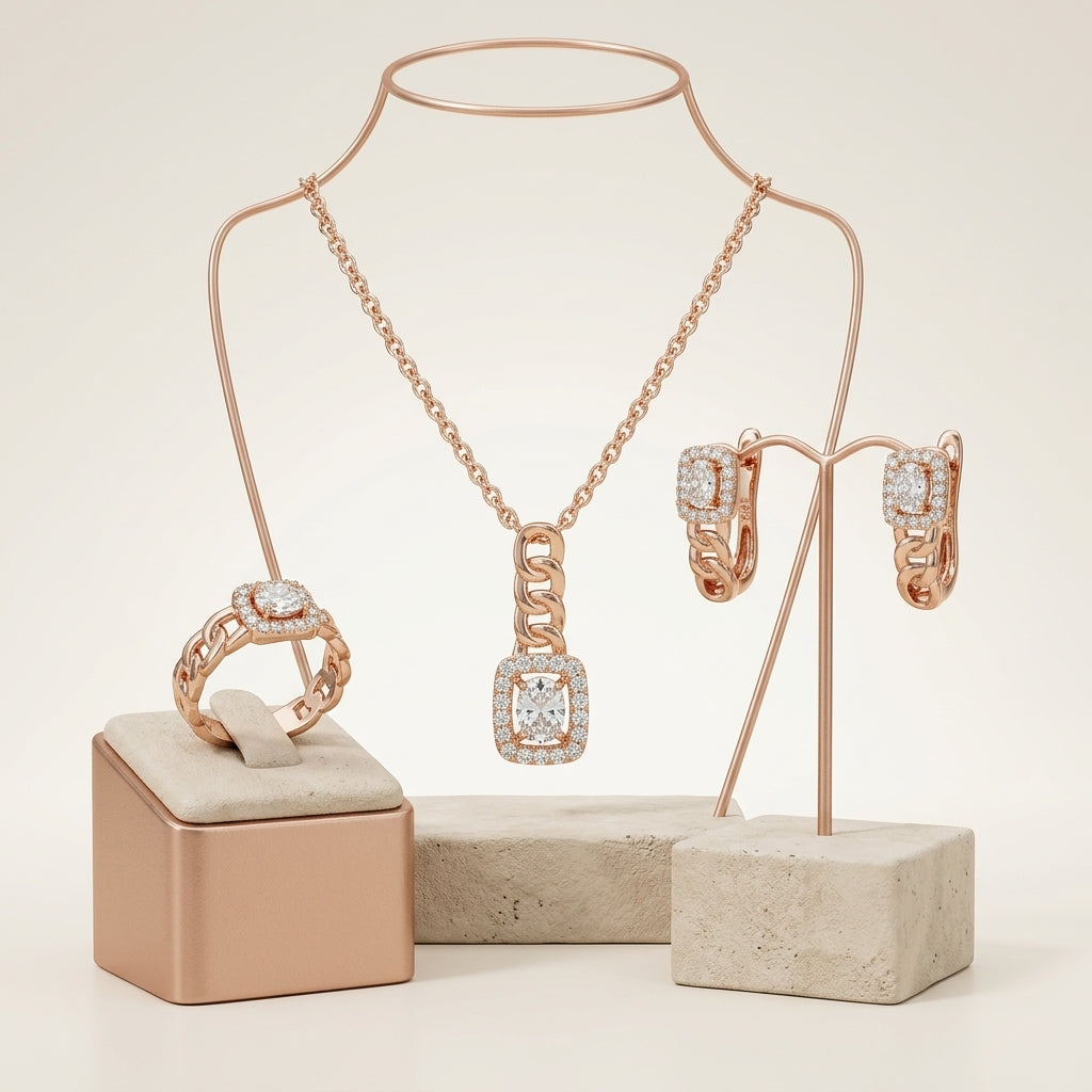 Schmuckset Weißer Zirkon Quadrat Roségold