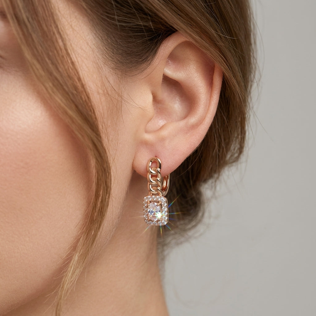 Schmuckset Weißer Zirkon Quadrat Roségold – Kette, Ohrringe & Ring