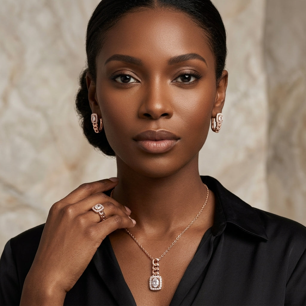 Schmuckset Weißer Zirkon Quadrat Roségold – Kette, Ohrringe & Ring