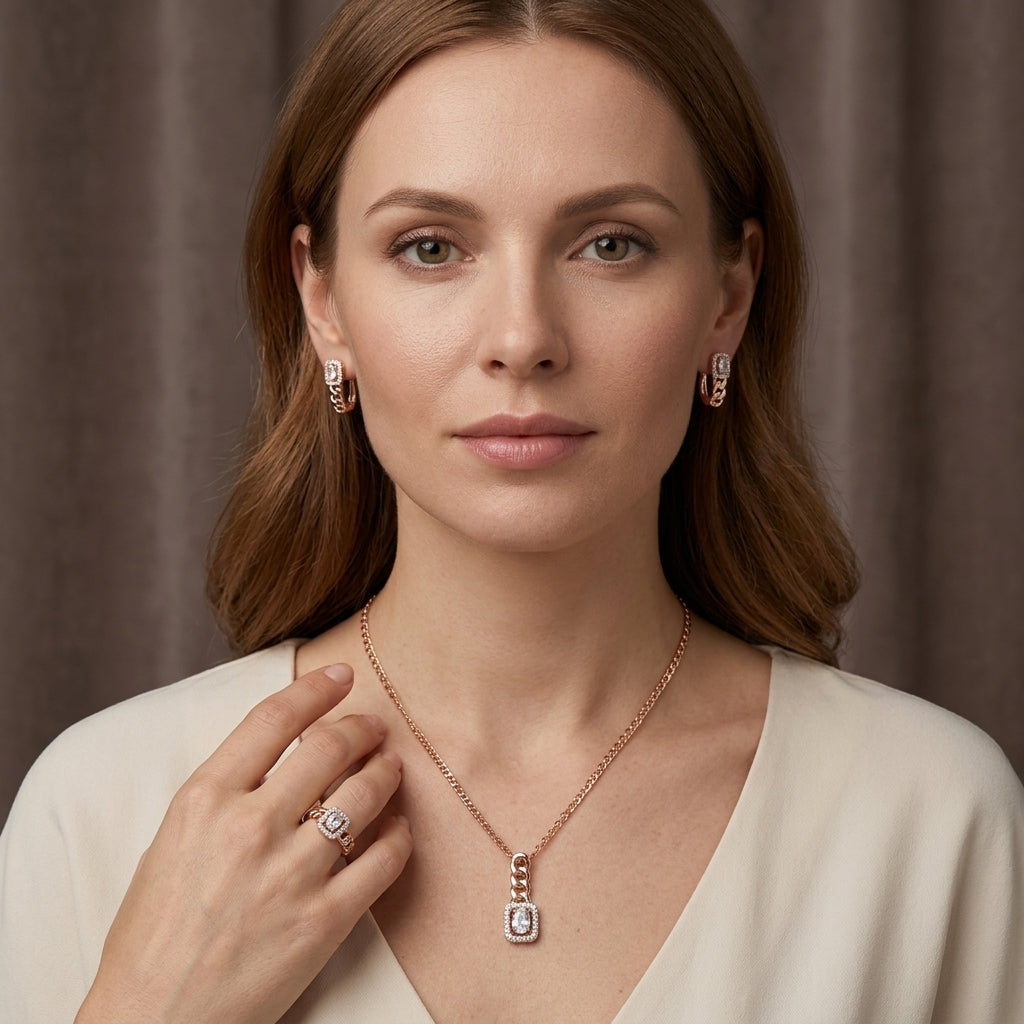 Schmuckset Weißer Zirkon Quadrat Roségold – Kette, Ohrringe & Ring