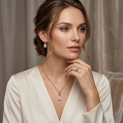 Schmuckset Weißer Zirkon Quadrat Roségold – Kette, Ohrringe & Ring
