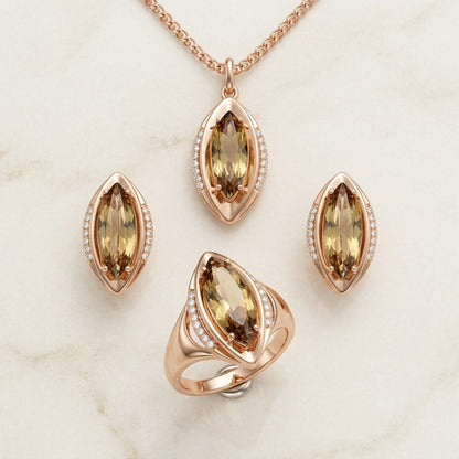 Schmuckset Braune Zirkonia Raute Roségold – Kette, Ohrringe & Ring