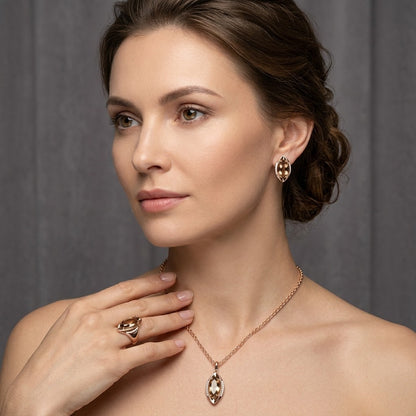 Schmuckset Braune Zirkonia Raute Roségold – Kette, Ohrringe & Ring