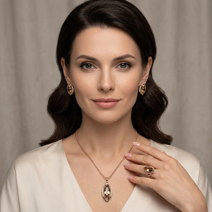 Schmuckset Braune Zirkonia Raute Roségold – Kette, Ohrringe & Ring