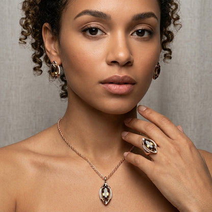 Schmuckset Braune Zirkonia Raute Roségold – Kette, Ohrringe & Ring