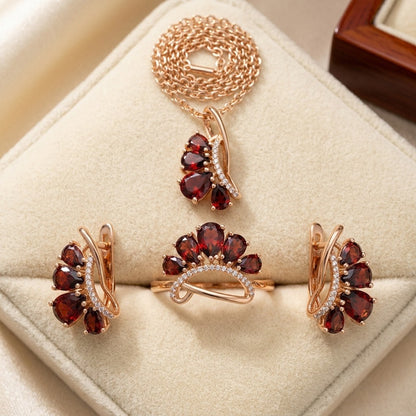 Vintage-Schmuckset in Roségold mit rotem Zirkon – Halskette und Ring