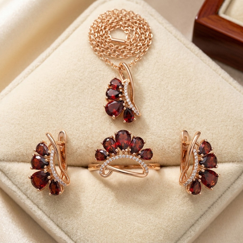 Roter Zirkon Vintage Schmuckset Roségold