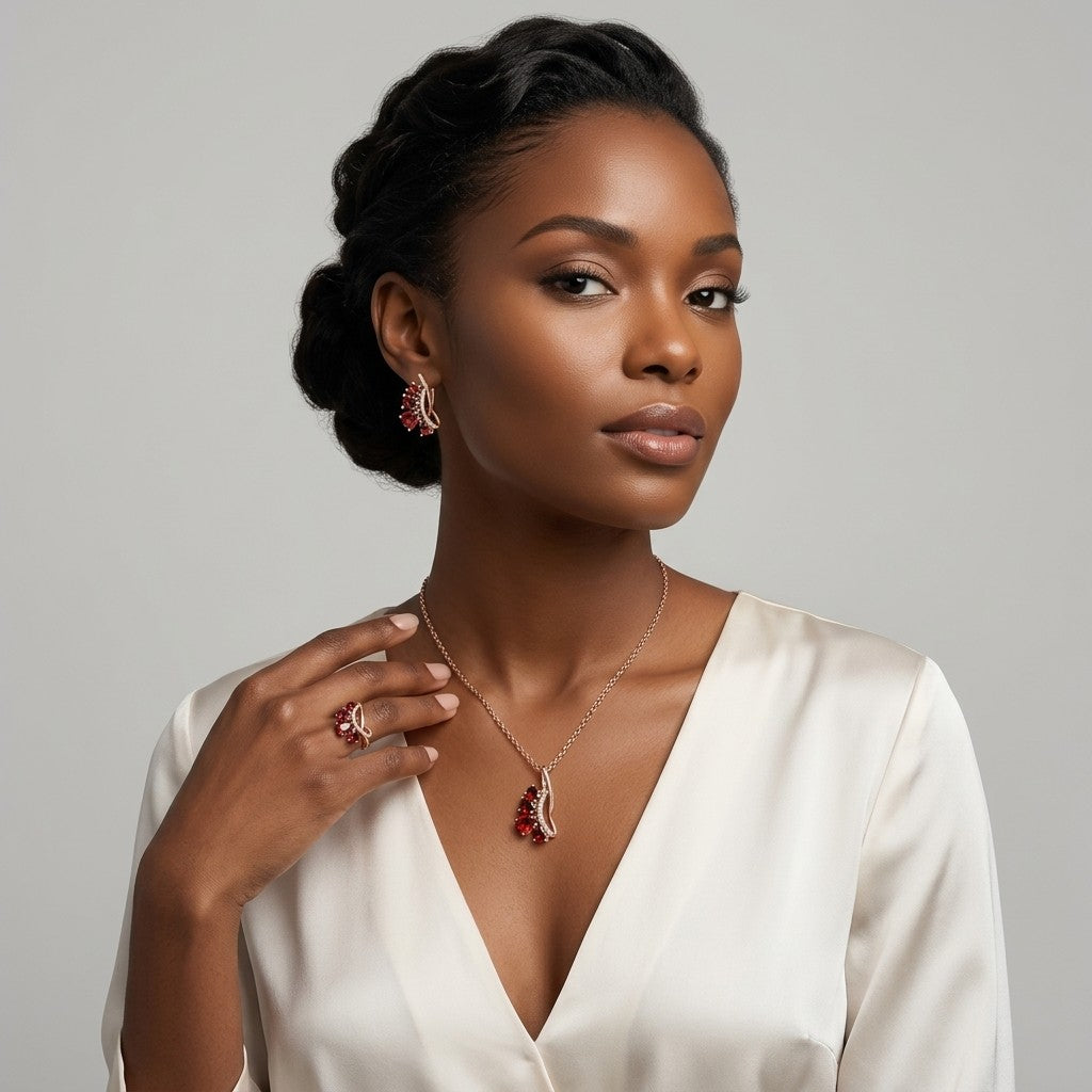 Schmuckset Roter Zirkon Vintage Roségold Set – Kette & Ring