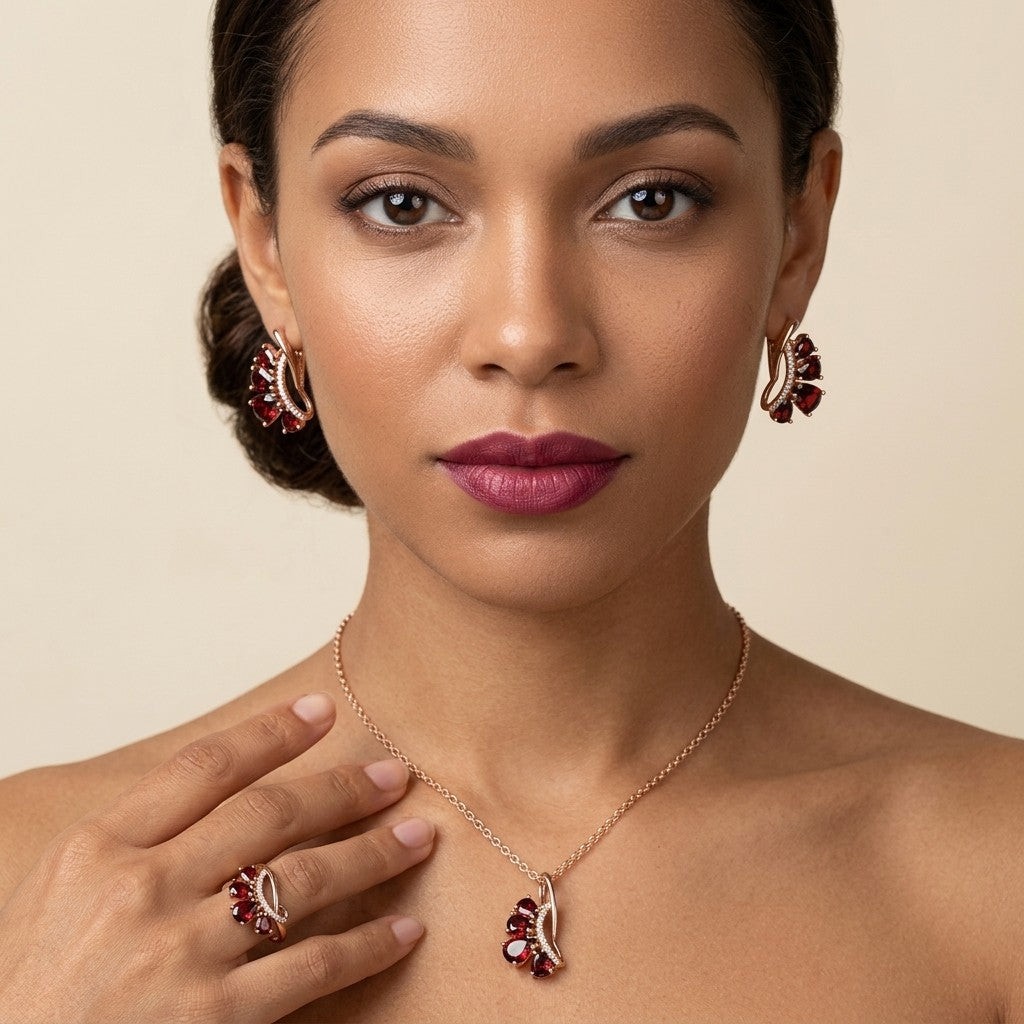 Schmuckset Roter Zirkon Vintage Roségold Set – Kette & Ring