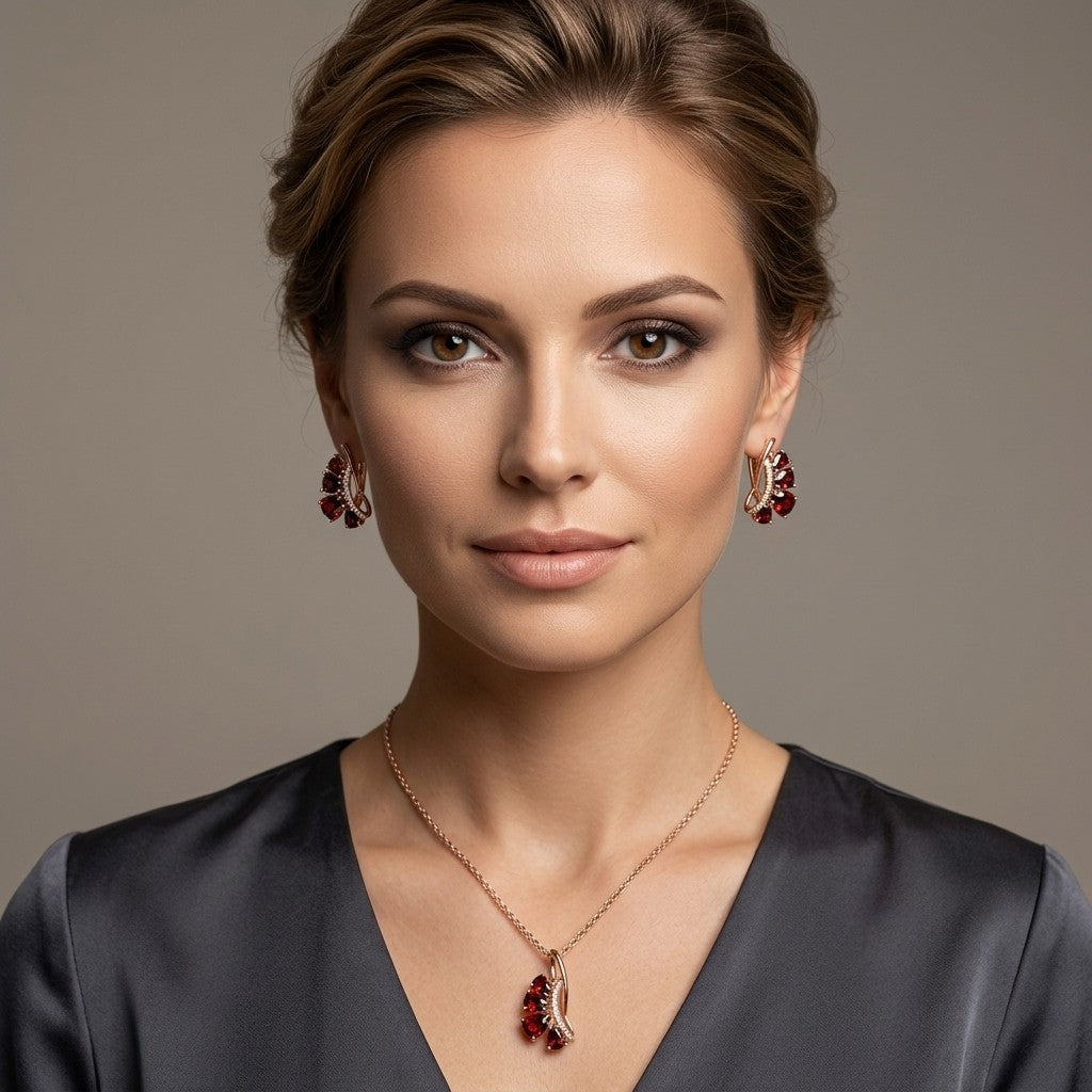 Schmuckset Roter Zirkon Vintage Roségold Set – Kette & Ring