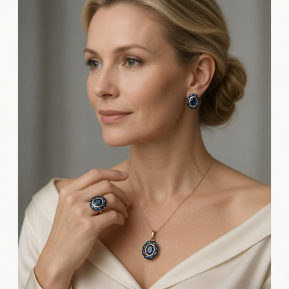 Blaues Zirkonia Schmuckset Ring Ohrringe Halskette Roségold