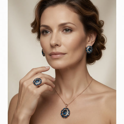Blaues Zirkonia Schmuckset Ring Ohrringe Halskette Rose Gold