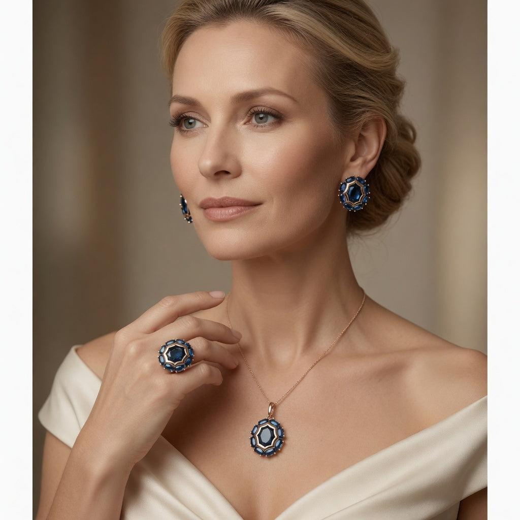 Blaues Zirkonia Schmuckset Ring Ohrringe Halskette Rose Gold