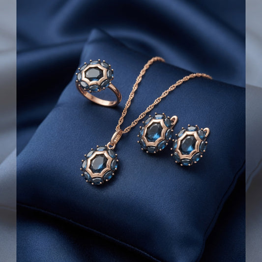 Blaues Zirkonia Schmuckset Ring Ohrringe Halskette Rose Gold