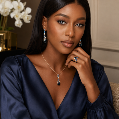 Schmuckset Glänzend Blaue Zirkon Schmuck Sets Damen 585 Rose Gold Ring Ohrringe Halskette