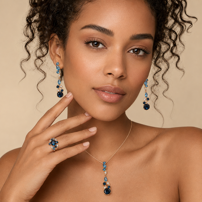 Schmuckset Glänzend Blaue Zirkon Schmuck Sets Damen 585 Rose Gold Ring Ohrringe Halskette