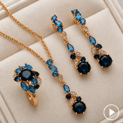 Schmuckset Glänzend Blaue Zirkon Schmuck Sets Damen 585 Rose Gold Ring Ohrringe Halskette