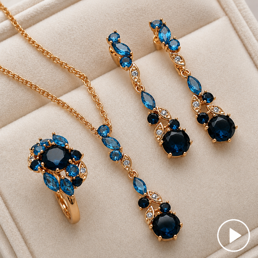 Parure Zircon Bleu Brillante Femme 585 Or Rose Bague Boucles d'Oreilles Collier