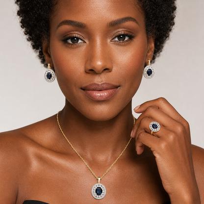 Schmuckset Ovaler Blauer Zirkon 14K Vergoldet – Ring & Kette