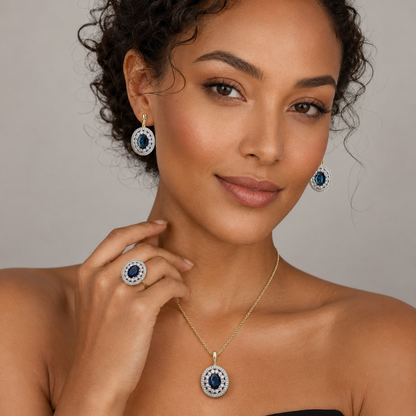 Schmuckset Ovaler Blauer Zirkon 14K Vergoldet – Ring & Kette