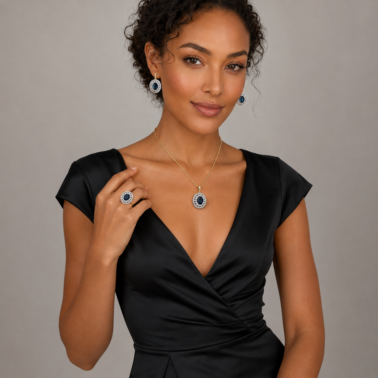 Schmuckset Ovaler Blauer Zirkon 14K Vergoldet