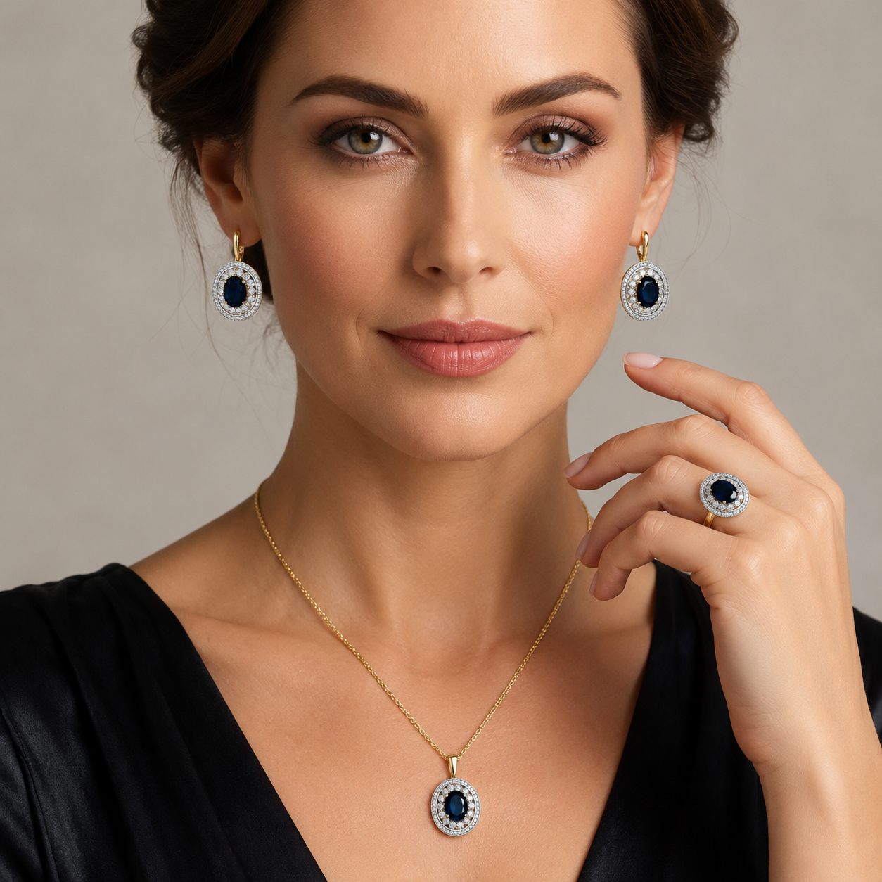 Schmuckset Ovaler Blauer Zirkon 14K Vergoldet