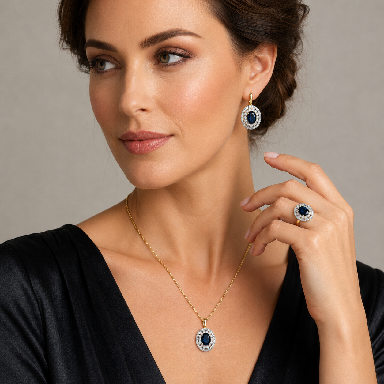 Schmuckset Ovaler Blauer Zirkon 14K Vergoldet – Ring & Kette