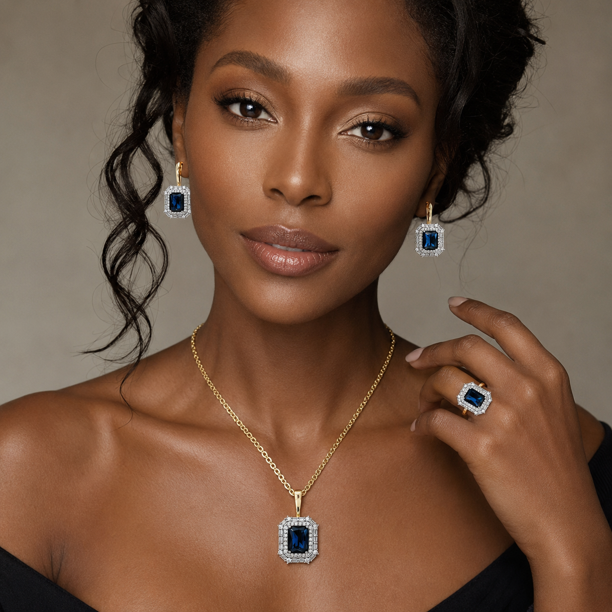 Schmuckset Quadrat Blauer Zirkon 14K Vergoldet – Ring & Kette