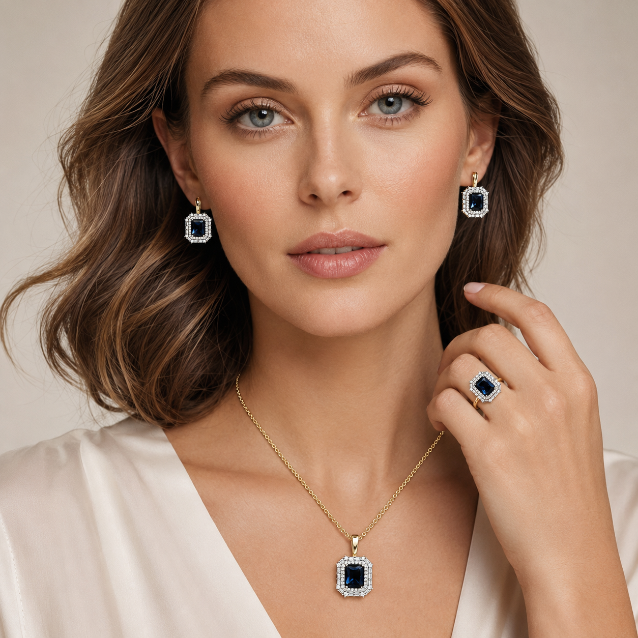 Schmuckset Quadrat Blauer Zirkon 14K Vergoldet – Ring & Kette