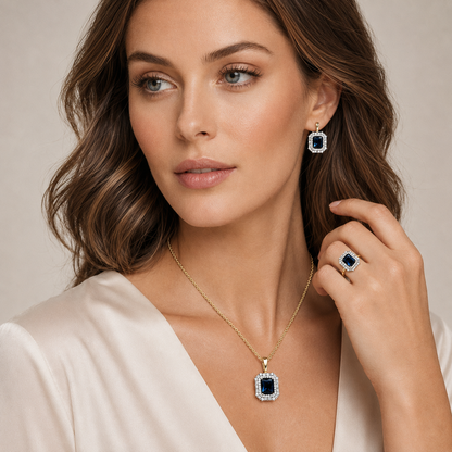 Schmuckset Quadrat Blauer Zirkon 14K Vergoldet – Ring & Kette
